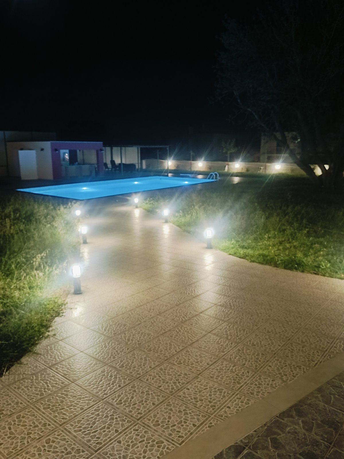 Πέτρινος διάδρομος με φωτιστικά στον κήπο της Villa Memories στην Κινέτα τη νύχτα-2