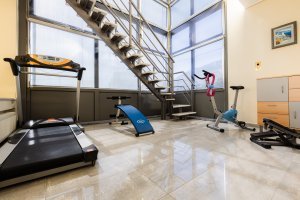 Χώρος γυμναστικής της Villa Memories στην Κινέτα με διάδρομο, ποδήλατο και όργανα κοιλιακών