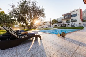 Ιδιωτικός κήπος της Villa Memories με μεγάλο δέντρο και φυσική σκιά