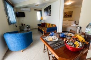 Ενιαίος χώρος σαλονιού και τραπεζαρίας της Villa Memories με καναπέ, πολυθρόνα και τραπέζι φαγητού